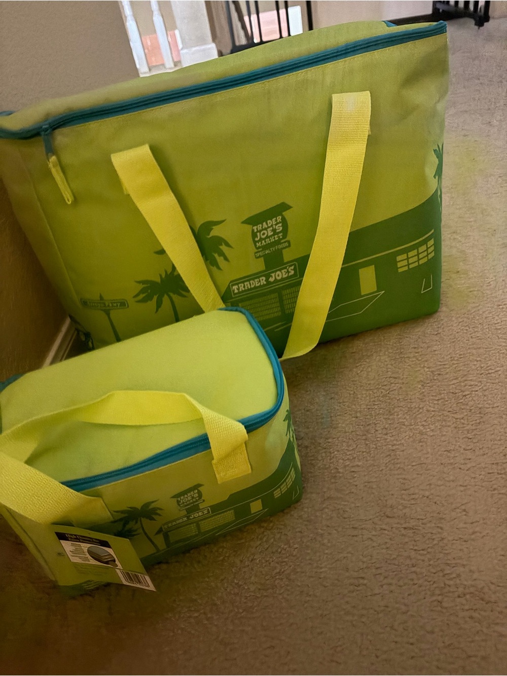 Trader Joe’s Lime Green Insulated Cooler large and small Tote - Set of 2
